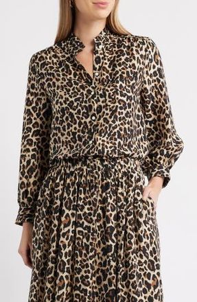 Caslon Ruffle Button-Up Shirt in Tan- Black Sarah Leopard at Nordstrom Rack, Size Xx-Small
