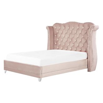 Beliani Cama Con Somier De Terciopelo Rosa Pastel 160 X 200 Cm Listones Cabecero Capiton&eacute; Ayette