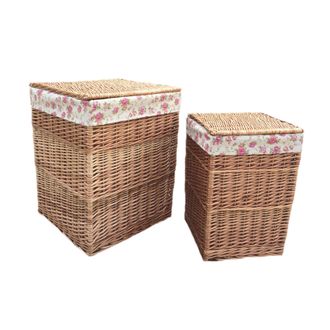 Red Hamper Set of 2 Cotton Lined Light Steamed Square Laundry Baskets in Natural
