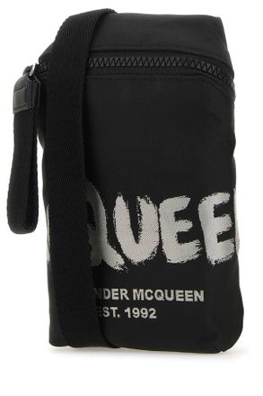 Alexander McQueen Mens Black Fabric Mcqueen Graffiti Crossbody Bag Blackoffwhite Borse A Tracolla