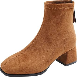 Generic Womens Suede Ankle Boots Square Toe Short Booties Chunky Block Heel Pull On Booties with Back Zipper Ladies Fall Winter Casual Comfortable Mid Calf Bo