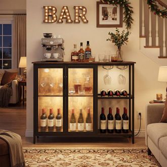 Costway Costway Bar Cabinet w/ Power Outlets Industrial Sideboard Buffet w/Wine Racks in Brown