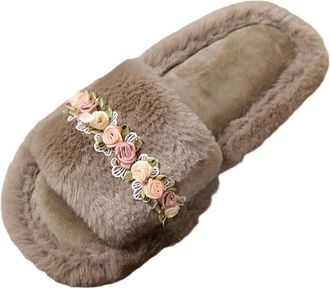 Generic Fluffy Plush Slippers Womens Open Toe Warm Winter Flower Slippers Non-Slip Casual Comfortable for Indoor Outdoor