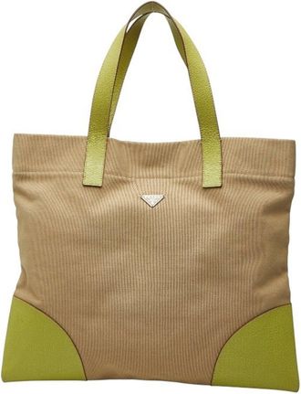 Prada Beige Green Canvas Leather Handbag Tote Bag (Pre-Owned)