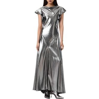 AllSaints Flora Metallic Cowl Neck Maxi Dress in Metallic Silver at Nordstrom, Size 6 Us