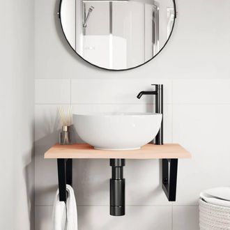 Berkfield Home Elegant Basin Shelf Wall Mounted Steel & Solid Wood Oak in Light Oak
