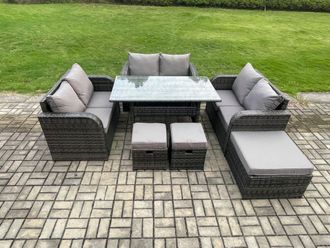 Fimous 9 Seater Outdoor Rattan Garden Furniture Set with Patio Rectangular Dining Table Love Sofa 3 Footstools Dark Grey Mixed