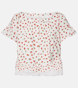 Poss&eacute; Delia lace-trimmed printed cotton blouse