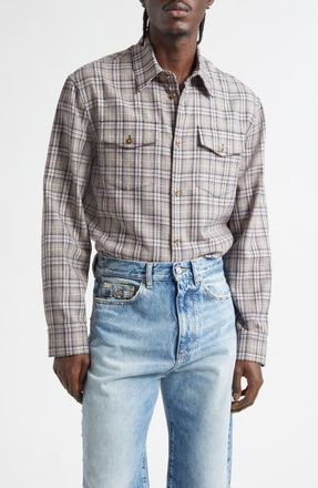 Versace Check Virgin Wool Flannel Button-Up Shirt in Flowers Lavender Yellow at Nordstrom, Size 36 Us