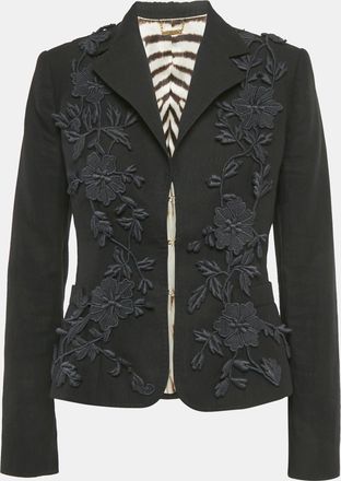 Roberto Cavalli Black Floral Applique Linen Blend Blazer