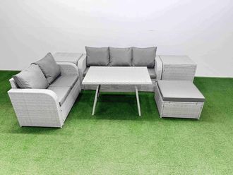 Fimous Rectangular Dining Table Sofa Set with Stool 2 Side Table Light Grey