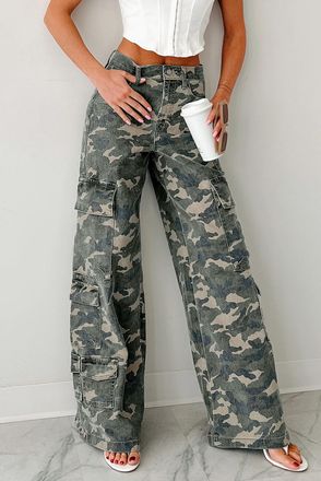 Azura Exchange Womens Camo Cargo Wide Leg Jeans - Grey Cotton - Size 16 UK