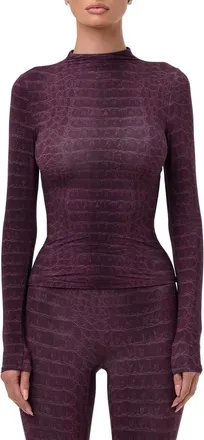 Naked Wardrobe Print Turtleneck Top in Dark Plum Crocodile at Nordstrom, Size X-Small