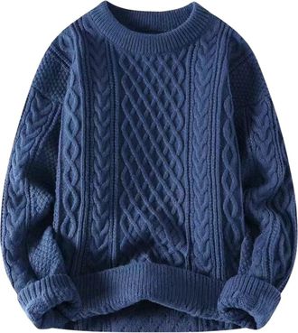 Generic Women Trendy Oversized Cable Knitted Chunky Sweaters Crewneck Long Sleeve Fall Winter Pullover Tops Thermal Long Sleeve (Blue, M)