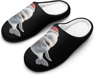 Generic White Beluga Whale Christmas Mens House Slippers Memory Foam Washable Cotton Slip on Home Shoes