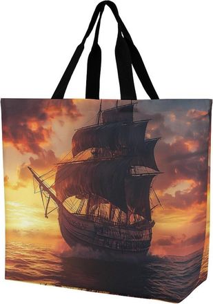 Generic Ocean Ship Sunset Reusable Shopping Bags Large Capacity Grocery Bag Heavy Duty Tote for Women 40x40x16cm