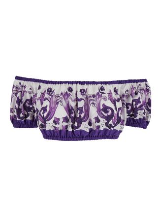 Dolce & Gabbana Violet Off-shoulder Cropped Top With All-over Floral Print In Cotton Woman