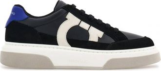 Ferragamo Mens Gancini Panelled Leather Sneakers In Black/blue