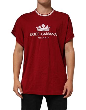 Dolce & Gabbana Maroon LogoCrown Cotton Half Sleeve Mens T-shirt