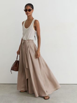 Reiss Taupe Brown Linen Belted Pleated Maxi Skirt, 14