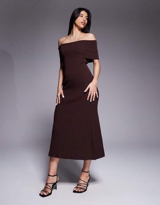 Bardot Harro - Vestito midi in maglia a coste con spalle scoperte color marrone cioccolato