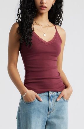 BP. Lace Trim V-Neck Camisole in Burgundy Tannin at Nordstrom, Size Xx-Small