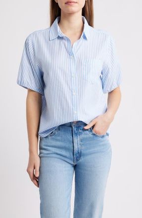 Beach Lunch Lounge Corey Stripe Short Sleeve Cotton Blend Button-Up Shirt in Blue Wave at Nordstrom, Size X-Small