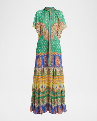 Etro Neck-Tie Paisley Maxi Dress