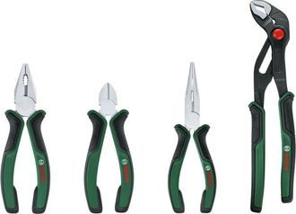 Bosch Juego De 4 Alicates (alicates De Corte Lateral, Universales, De Punta Larga Y De Pico De Loro Precisos Y De Gran Duraci&oacute;n Empu&ntilde;adura Suave Antivibraci