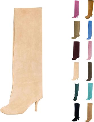 Generic Suede Knee High Boots for Women Wide Calf Square Toe Stiletto Heels Tall Boots Ladies Fall Winter Slouchy Pull On High Heel Dress Long Booties for Par
