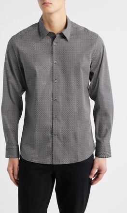 James Campbell Oakley Trim Fit Microgeometric Print Stretch Cotton Button-Up Shirt in Black at Nordstrom, Size Xx-Large