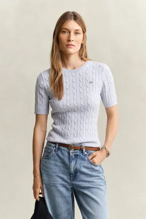 GANT Women Cable Knit Short Sleeve Sweater (XXL) LIGHT BLUE