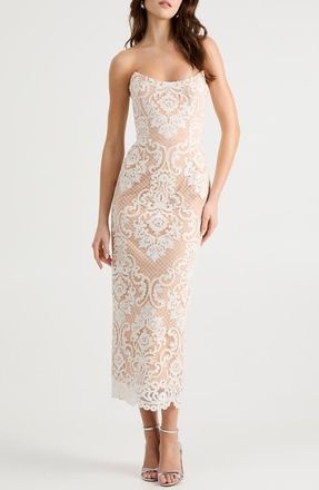 Helsi Kendall Beaded Lace & Mesh Column Dress in Off White/Nude at Nordstrom, Size X-Small