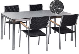 Beliani Conjunto De Jard&iacute;n Moderno 4 Plazas De Acero Inoxidable Mesa Comedor Tablero De Vidrio Sillas De Rat&aacute;n Efecto Granito Negro Cosoleto/grosseto
