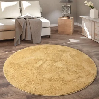 Paco Home Paco Home - Alfombra Redonda, Salon Dormitorio Pasillo Comedor Piel Imitaci&oacute;n Mullida Suave &Oslash; 160 Cm Redondo, Amarillo