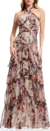 Dress The Population Maya Cutout Halter Evening Gown in Champagne Multi at Nordstrom, Size Xx-Large