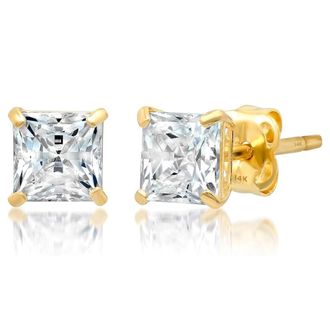 MAX + STONE 14k Yellow or White Gold Princess Cut Cubic Zirconia Stud Earrings 4MM to 7MM