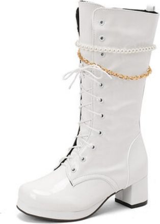 Generic Womens Round Toe Platform Boot with Pearl Patent Leather Short Boots Lace Up Mid-Calf Boots with Side Zipper,White,7.5 UK