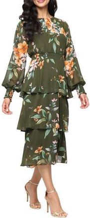 S.L. Fashions Long Sleeve Tiered Midi Dress in Olive Multi at Nordstrom Rack, Size 14