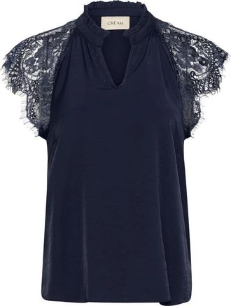 Cream Kanten blouse met V-hals en kanten mouwen - Dames - Blouses - Blauw - S - Overhemden