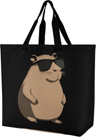 Generic Capybara with Glasses Large Reusable Shopping Bag Lightweight Foldable Tote Bags Washable Shoulder Handbag