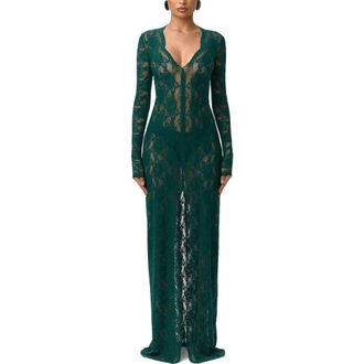 Naked Wardrobe Long Sleeve Button-Up Lace Maxi Dress in Pine Green at Nordstrom, Size X-Large