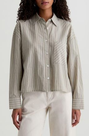 AG - Adriano Goldschmied Kellen Relaxed Crop Button-Up Shirt in Studio Stripe Rosemary Multi at Nordstrom, Size Medium