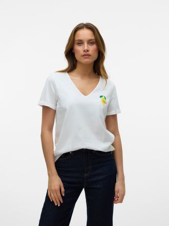Vero Moda Kurzarmshirt VERO MODA VMBITONA S/S V-NECK T-SHIRT JRS BTQ GA, Damen, Gr. XS, weiss (snow wei&szlig; print:lemon print), Jersey, Obermaterial: 100% Baumwoll
