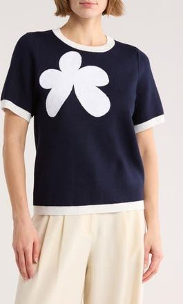 Adrianna Papell Flower Appliqu&eacute; Short Sleeve Sweater in Blue Moon/Ivory at Nordstrom Rack, Size X-Small