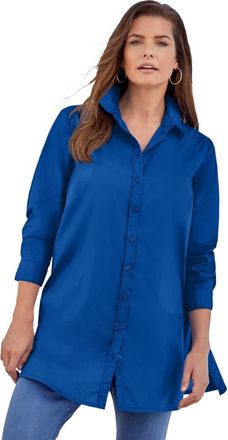 Roaman's Kate Long-Sleeve Crisp Cotton-Blend Button-Front Tunic in Dark Sapphire at Nordstrom, Size 14