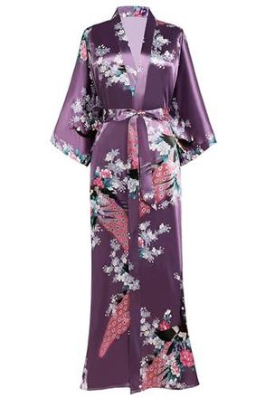Kimono Vintage Violet Lilas Motif Cigogne Et Fleur De Cerisier - Occasion Très Bon état
