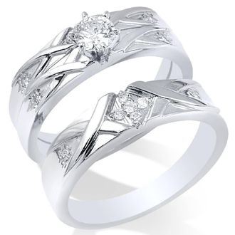 Pompeii3 Matching Diamond Engagement Wedding Ring Set His Hers White Gold 14k Size Selectable