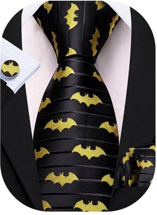 Barry.Wang Mens Bat Ties Black Yellow Silk Necktie Pocket Square Cufflinks Set Fun Animals Party