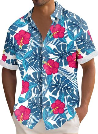 Generic Mens Linen Shirts Short Sleeved Regular Fit Cotton Shirt Button Down Hawaiian Holiday Print Tops Lightweight Henley Blouses,Blue,3XL